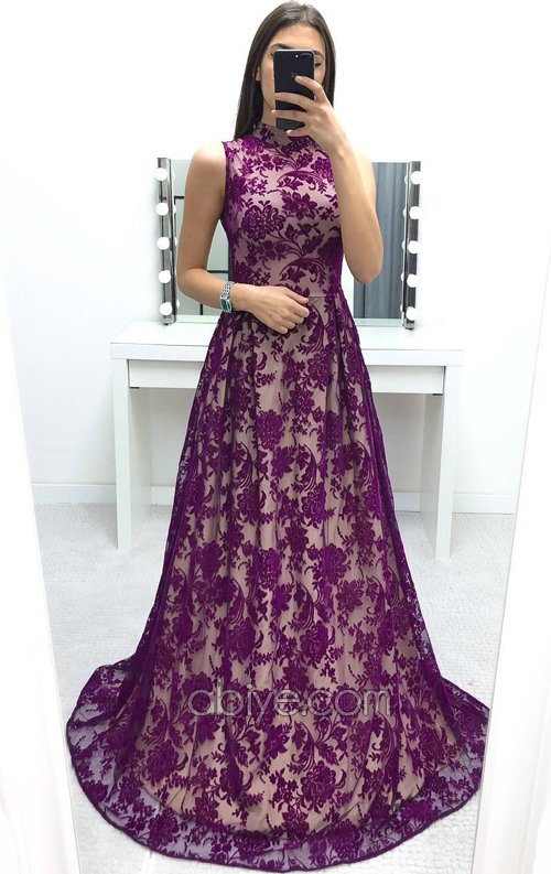 Mor Flok Dantel Uzun Mezuniyet Elbisesi