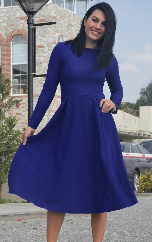 Uzun Kollu Saks Mavi Midi Elbise