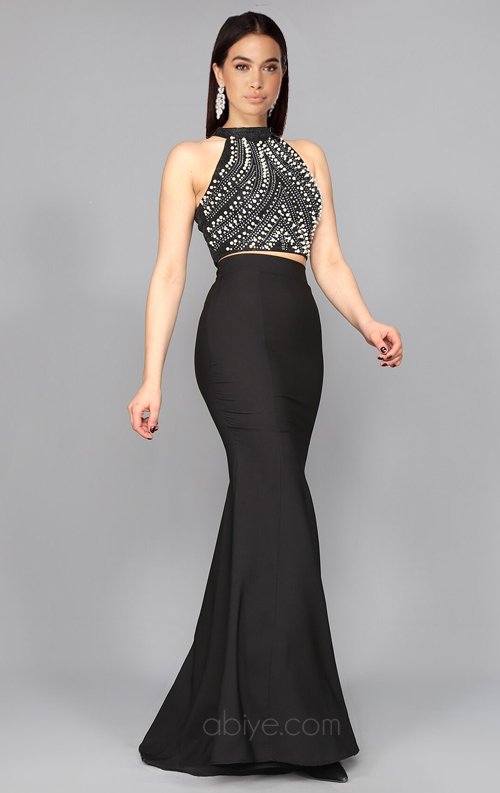 Siyah İnci Detay İki Parça Balık Abiye