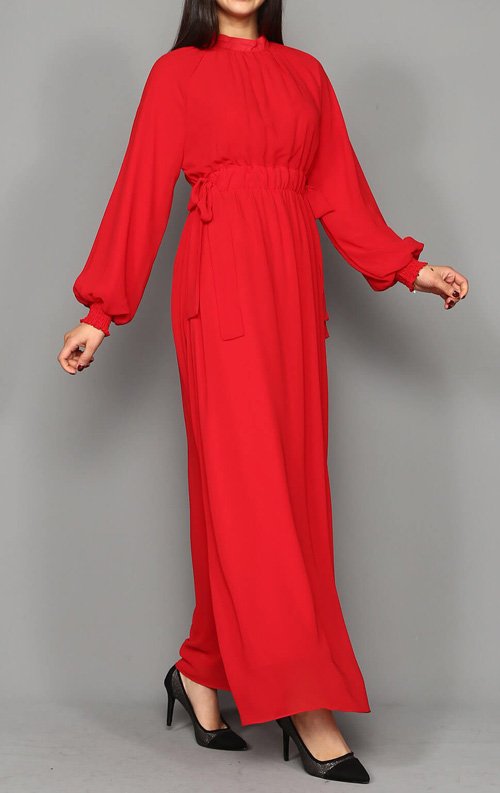 Kırmızı Şifon Uzun Abiye Elbise