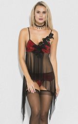 Seksi Gecelik Siyah Kırmızı Jartiyerli Takım