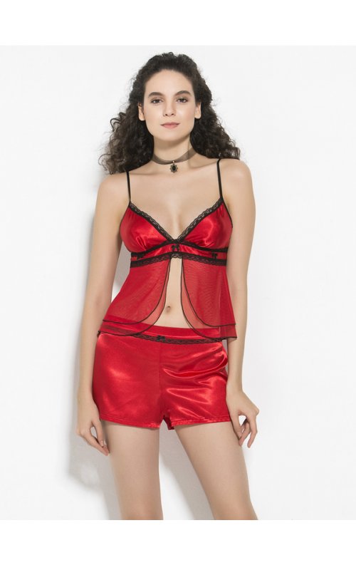 Fantazi Kadın Giyim Kırmızı Gecelik Şortlu Takım