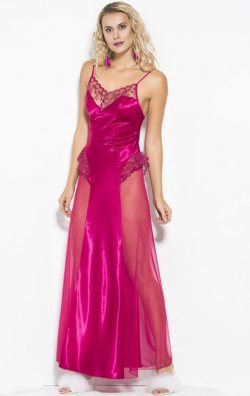 Uzun Saten Fantazi Kadın Gecelik Fuşya