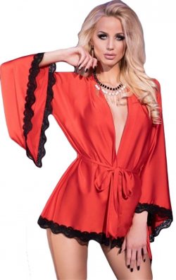 Saten Sabahlık Dantel Motifli Kırmızı