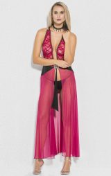 Fuşya Dantelli Uzun Tül Gecelik