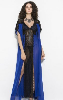 Fantazi Kadın Gecelik ve Sabahlık Takım Saks Mavi