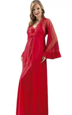 Uzun Saten Gecelik ve Sabahlık Takımı Kırmızı