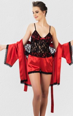 Fantazi Saten Dantelli Gecelik ve Sabahlık Şortlu Takım