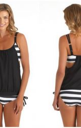 Siyah Beyaz Kalın Cizgili Tankini Bikini Takım