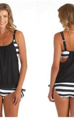 Siyah Beyaz Kalın Cizgili Tankini Bikini Takım