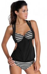 Siyah Beyaz Cizgili Kaplı Tankini Bikini Takım