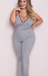 Büyük Beden Gri Dantel İşlemeli Eşofman Pijama Takım