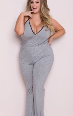 Büyük Beden Gri Dantel İşlemeli Eşofman Pijama Takım