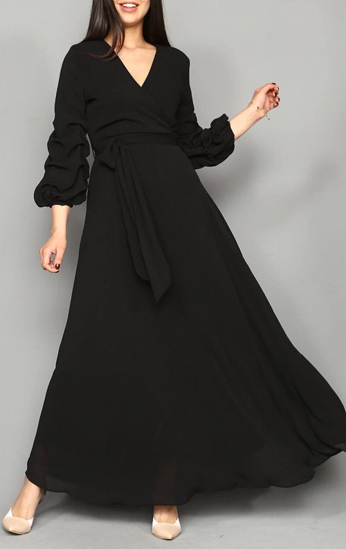 Siyah Şifon Uzun Abiye Elbise