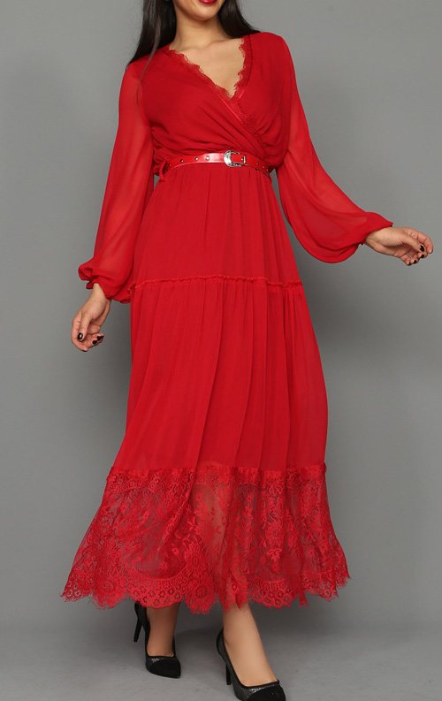 Şifon Dantel Detay Kemerli Kırmızı Abiye Elbise