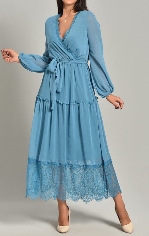 Mavi Şifon Dantel Detay Uzun Abiye Elbise