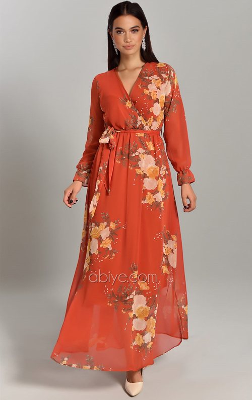 Turuncu Çiçek Desen Uzun Şifon Abiye Elbise