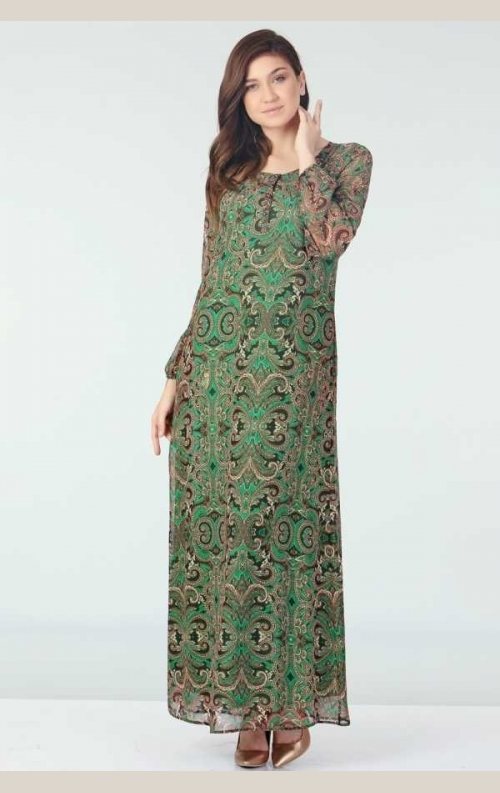 Şık Desenli Şifon Elbise - Yeşil