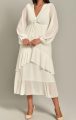 Beyaz Şifon Katkat Etekli Midi Elbise