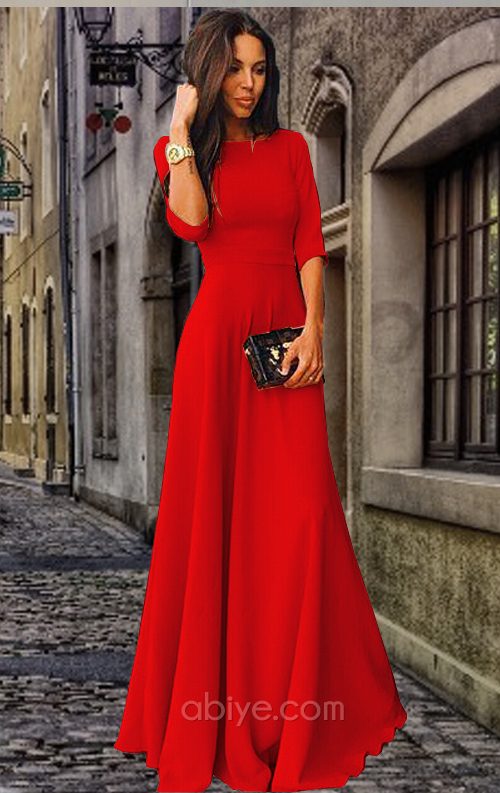 Kırmızı Fakir Kol Uzun Elbise