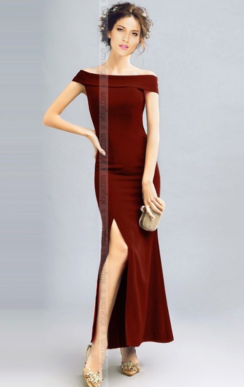 Bordo Yırtmaçlı Uzun Gece Elbisesi