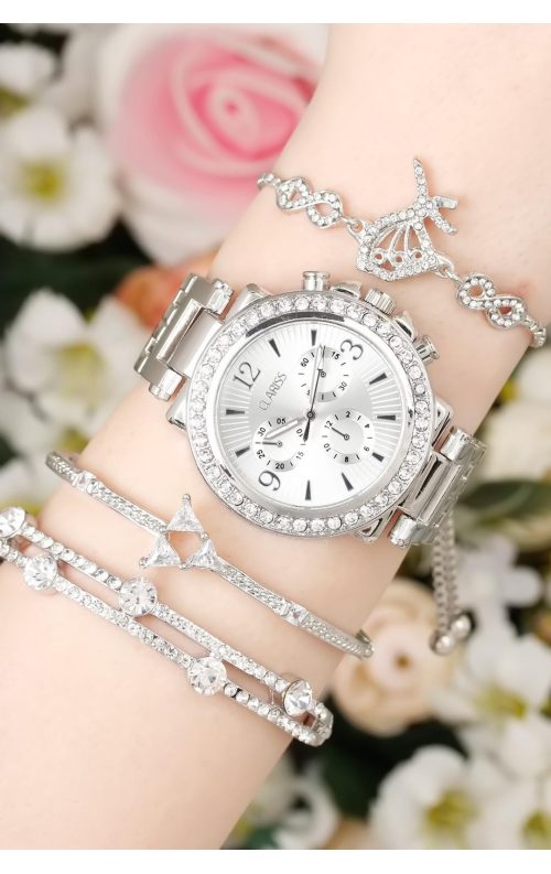 Gümüş Renk Kadın Saat Kombini