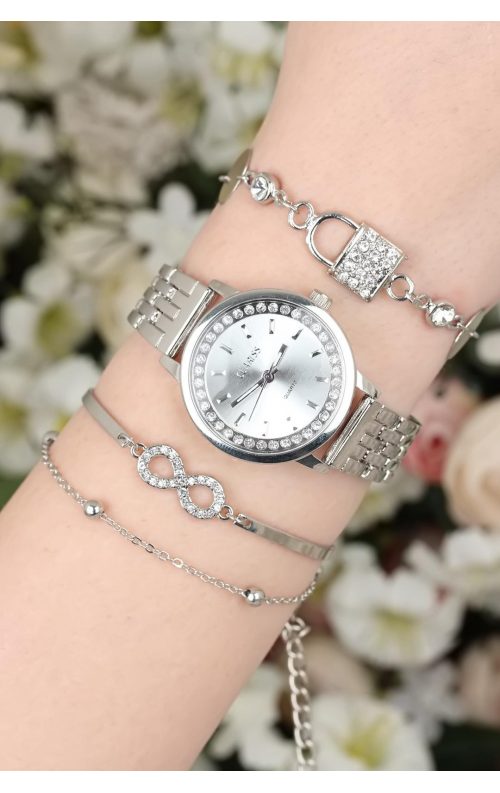 Gümüş Renk Kadın Saat & Bileklik  Kombini