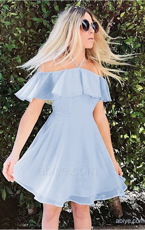 Bebek Mavisi Volanlı Şifon Abiye Elbise