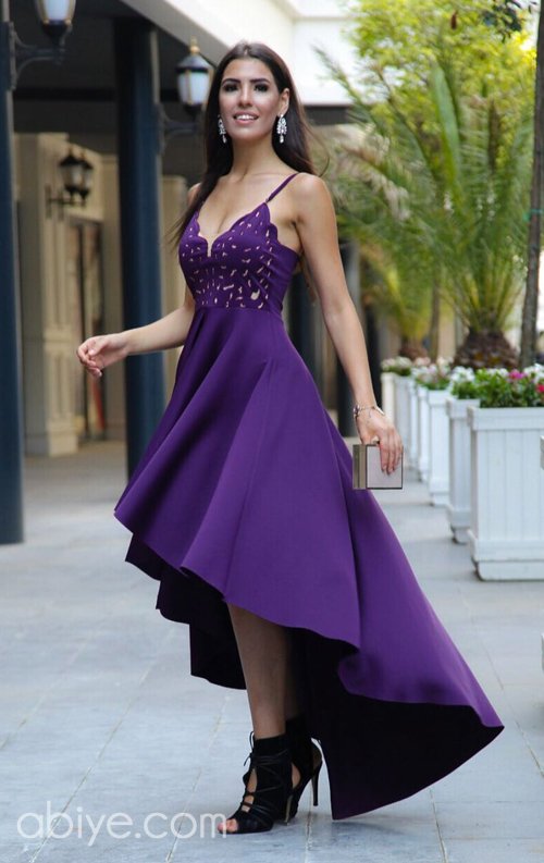 Özel tasarım mor asimetrik abiye elbise
